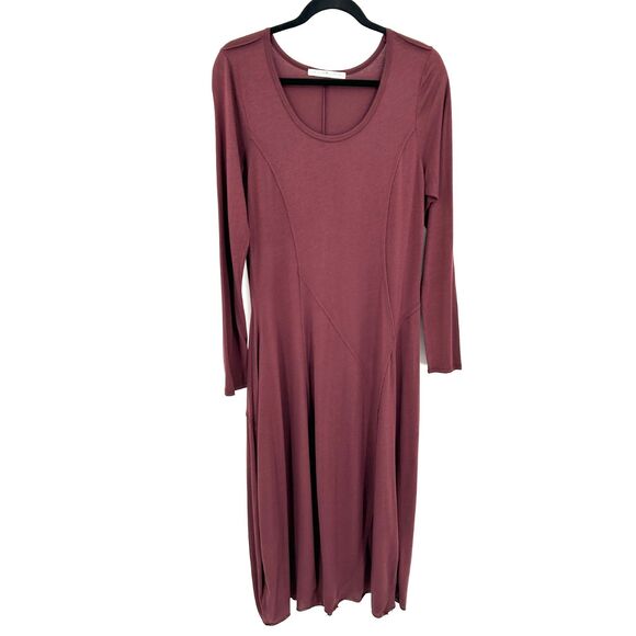 PERUVIAN CONNECTION Artista Purple Brown Long Sleeve Jersey Midi Dress Large - Picture 2 of 8